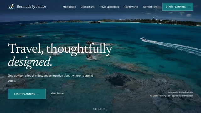 The Travel by Janice homepage hero over aerial film of Bermuda’s reefs: “Travel, thoughtfully designed.”